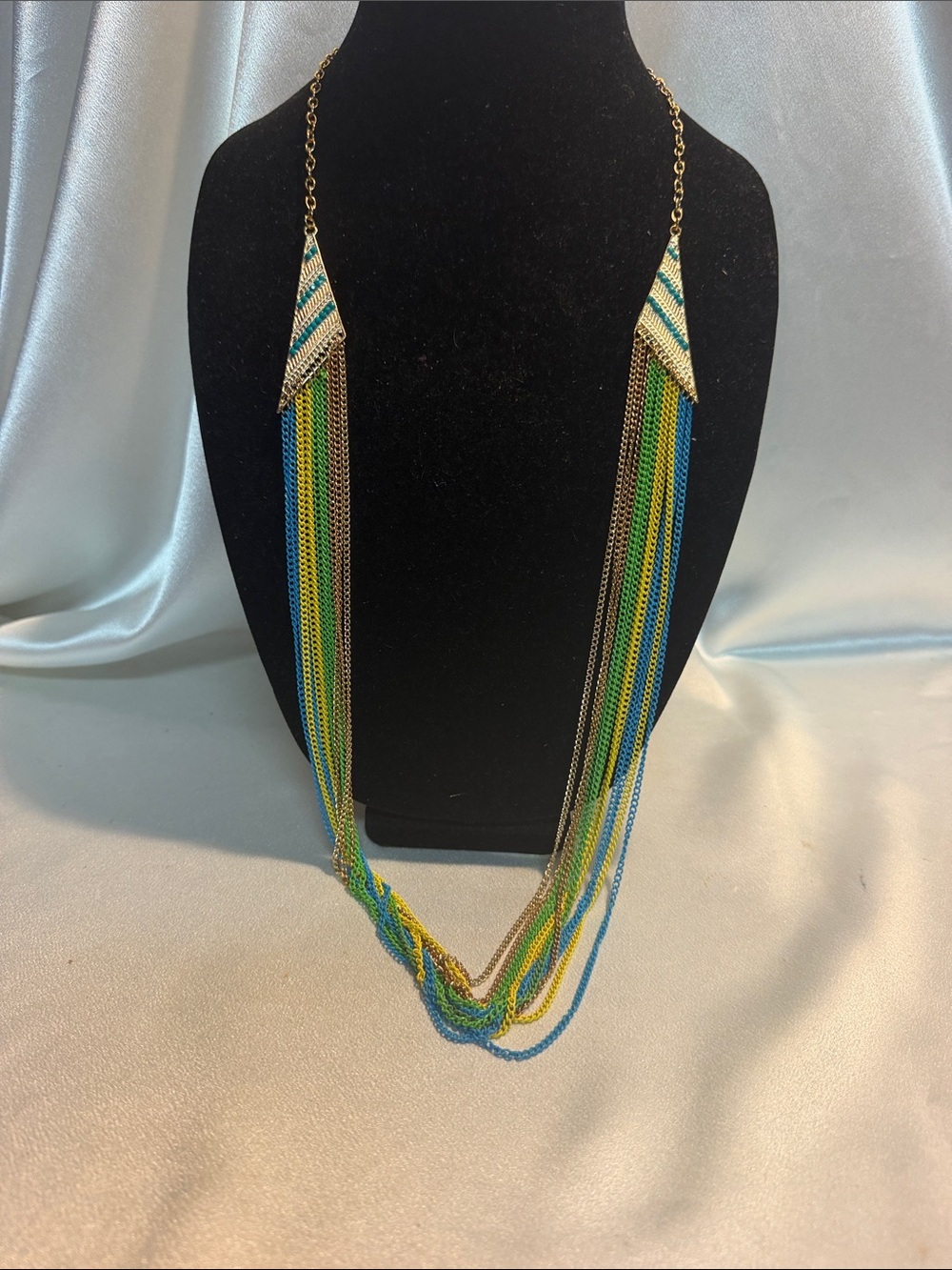 Source Unknown Multistrand Fringe Necklace in Blue, Green & Gold